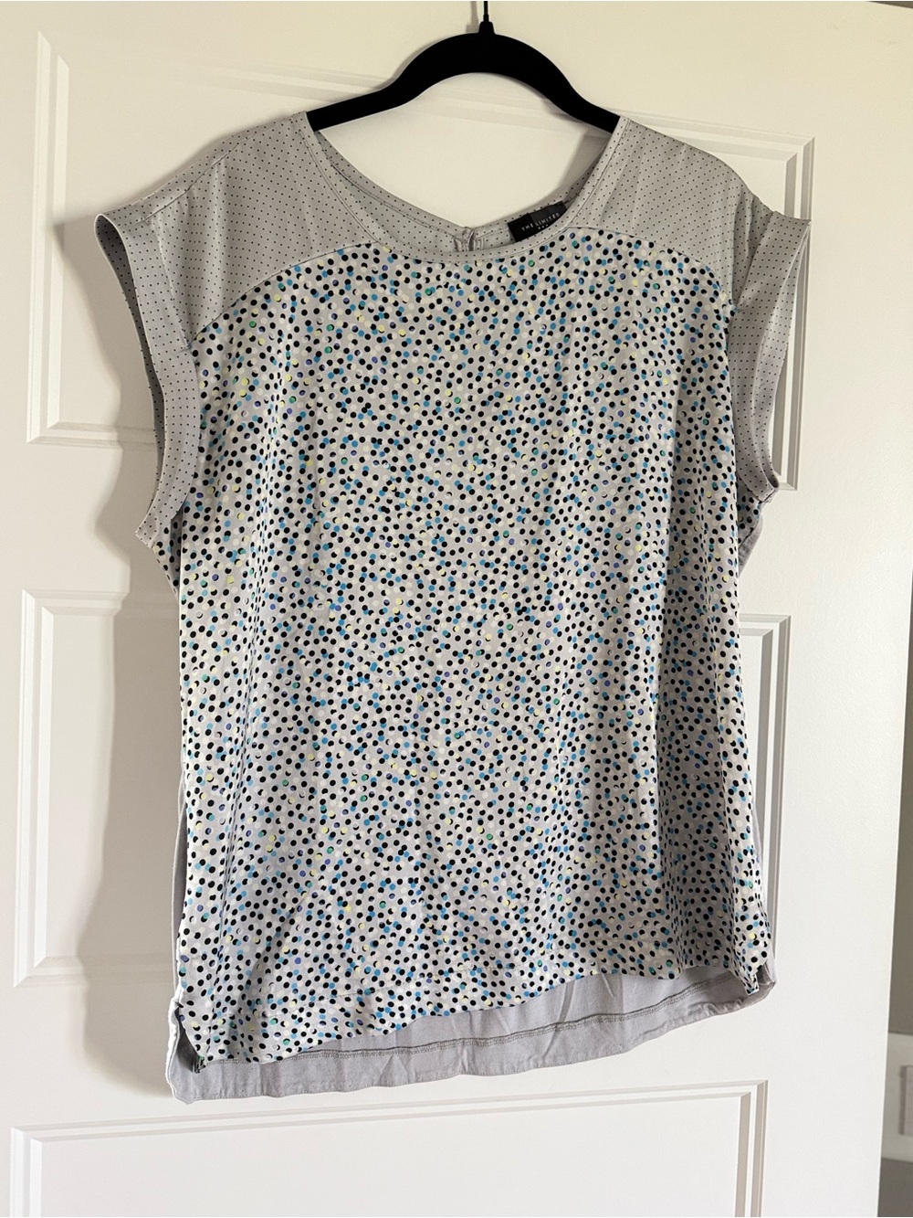 The Limited Gray Cap-Sleeve Blouse with Blue and Navy Dot Print